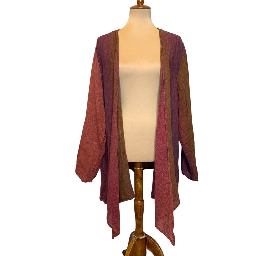 Flax Womens Large Open Front Linen Cardigan Rust Red & Brown Striped Lightweight